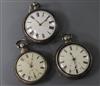 An early Victorian silver pair-cased keywind pocket watch and two other silver pair-cased pocket watches,                              