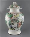 A large Chinese famille verte baluster vase and cover, late 19th century, height 43cm., fine star crack to side                        