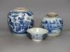 A Chinese blue and white jar, a smaller jar and a bowl, tallest 21cm                                                                                                                                                        