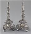 A pair of antique continental silver filigree and gem set bases, 17.5cm.                                                               