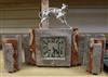 An Art Deco clock garniture with silvered bronze dog surmount                                                                          