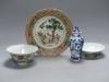 A Chinese lidded bowl, a blue and white vase and a plate, Qing period or later, diameter 25cm                                                                                                                               