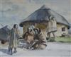 Pat Skilleter, pencil and watercolour, Africans beside hut, signed 30 x 35cm                                                           