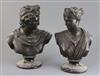 A pair of 19th century French N & H bronzed ceramic busts of Apollo and Diana, 11.5in.                                                 