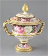 A Royal Crown Derby twin handled urn and cover, painted by Albert Gregory, height 20cm                                                 