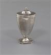 A George III silver vase shaped nutmeg grater, with hinged lid and base, 67mm.                                                         