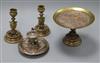 An Elkington & Co. inkwell, a tazza and matching pair of candlesticks tallest 15.5cm                                                   