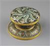 A Chinese gilt bronze and cloisonne enamel stand, late Ming dynasty, Diam.10cm, with holes in the top for a Buddhist emblem?           