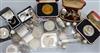 A sterling silver cigarette lighter, nine silver thimbles, a silver penknife, coins and sundries,                                      