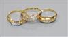 Two early 20th century 18ct gold and five stone diamond rings and a later 18ct gold and three stone diamond ring.                      