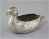 A Victorian novelty silver salt, modelled as a duck, by George Fox, height 63mm.                                                       