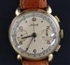 A gentleman's 1950's? 18ct gold Ardath chronograph manual wind wrist watch,                                                            