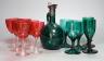 A Victorian dark green glass decanter, five dark green wine glasses and 6 cranberry bowled wine glasses (12)                                                                                                                