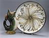 A Royal Copenhagen 1960's Fajance circular dish by Ellen Malmer and a Continental majolica fish vase, Dish diameter 33cm               