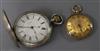 A Victorian silver hunter keyless pocket chronograph and a ladies' Swiss gold keywind pocket watch,                                    