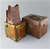 Ansel Adams (1902-1984), a rare Adams & Co. Minex De Luxe tropical mahogany and brass camera, 5 x 4in., the original leather case stamp