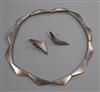 A Danish Hans Hansen 925S triangular link necklace, no.315 and a pair of similar ear clips, no.432. necklace 34cm.                     