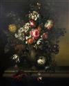 Follower of Jean-Baptiste Monnoyer (1634-1699) Still life of flowers in a vase, upon a ledge, 29 x 24.5in.                             