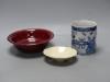 A Chinese blue and white mug, height 13cm, a bowl and a dish                                                                                                                                                                