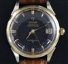 A gentleman's 1960's steel and gold plated Omega Constellation automatic 'pie pan' black dial wrist watch,                             