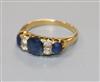 An early-mid 20th century yellow metal, seven stone sapphire and diamond half hoop ring, size N.                                       