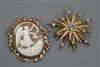 A yellow metal mounted oval cameo brooch and an Avon brooch.                                                                           