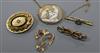 Two gem set bar brooches including a 15ct gold and rose cut diamond, a 9ct pendant, cameo brooch and Victorian brooch                  