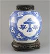 A Chinese blue and white 'Antiques' jar, Kangxi period, H. 21cm, wood cover and stand                                                  