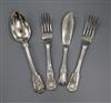 A Victorian fiddle, shell and thread pattern silver serving spoon and fork and a silver Kings pattern fork and a fish knife            