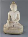 A large Burmese Mandalay style sculpted marble seated figure of Buddha Shakyamuni, 19th/20th century, H. 47cm                          