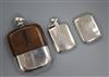 A small silver hip flask, a leather and plate-mounted hip flask and a silver cigarette case                                            