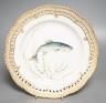A Royal Copenhagen Fauna Danica fish plate, date code for 1957, painted with "Salmo Arutta", pierced gilt borders, inscribed title verso, printed and inscribed marks, diameter 25.5cm                                      