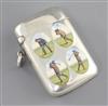 A late Victorian silver and enamel vesta case with four oval golf related panels, George Heath, London, 1898, 55mm.                    