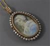 A Regency yellow and white metal and split pearl portrait miniature mourning pendant, on an 18ct gold chain, pendant 50mm.             