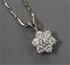 A diamond cluster pendant, 18ct white gold setting on 18ct white gold suspension chain.                                                