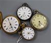 A 14k yellow metal fob pocket watch and three other pocket watches.                                                                    