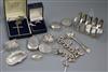 Various small silver items, including patch boxes, vesta, spirit label, charm bracelet, toast rack, etc and a yellow metal diamond ring