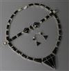 A stylish Mexican white metal and black onyx Art Deco style necklace, bracelet and pair of matching earrings.                          