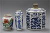 A Chinese wucai jar and two blue and white vessels, 17th / 18th century tallest 18.5cm                                                 