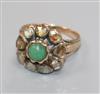 A 19th century yellow metal, cabochon cut emerald and rose cut diamond set cluster ring, size J.                                       