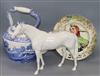 A Barge blue and white teapot, a Doulton The Jester plate and a Beswick white horse horse 28cm                                         