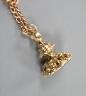 A 20th century yellow metal and bloodstone set fob seal, 20mm, on a yellow metal chain, 60cm, gross weight 8.4 grams.                                                                                                       