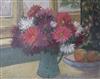 Modern British, oil on board, Still life of flowers in a vase, 27 x 36cm, unframed                                                     