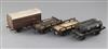 A GW fuel tanker wagon, no.5, a horse box, in brown, an LMS flat wagon, no.46218 and an NE flat wagon,                                 