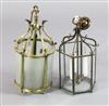 A small brass framed hanging lantern and a black painted iron hexagonal lantern                                                        