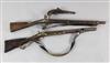 A 19th century flintlock pistol and two flintlock rifles / muskets                                                                     