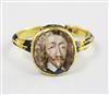 A rare mid 17th century enamelled gold oval memorial ring for Charles I (1600-1649), finger size K.                                    