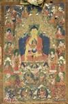 A thangka depicting Buddha Shakyamuni, Tibet, 18th/19th century, Total dimensions 123cm x 75cm, tears                                  