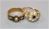 A late Victorian 15ct gold and black enamel mourning ring and an Edwardian 15ct gold, white opal and black onyx cluster ring           