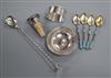 Four Norwegian white metal and enamel coffee spoons, silver napkin ring, small silver armada dish, Asprey decanter stopper etc.        